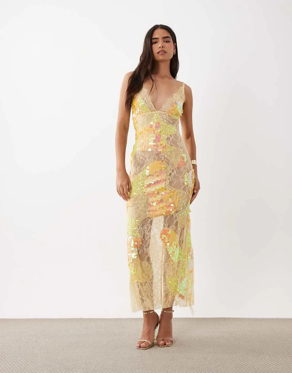 ASOS DESIGN sheer lace cami maxi dress with placement embellishment in yellow