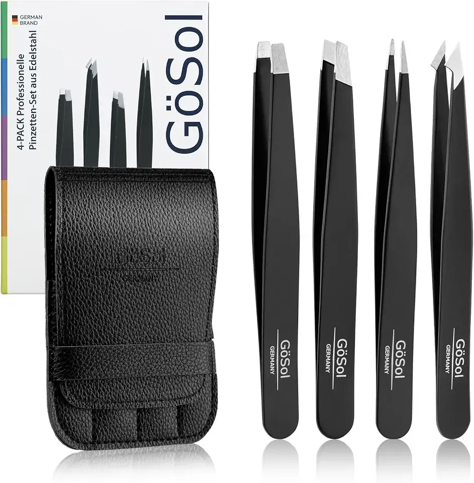 Tweezers Set - 4Pcs Professional Stainless Steel Eyebrows Tweezers for Women Facial Hair, High Precision Tweezers with Slant, Pointed, Flat Tips for Ingrown Hair Removal Women Men