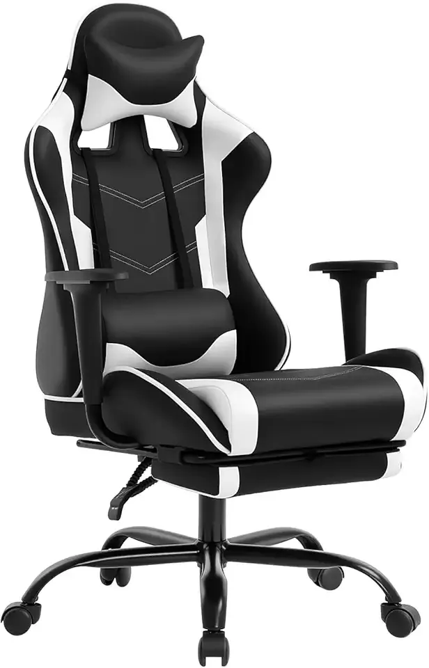 BestOffice | Ergonomic Gaming Chair | White | Reclining Computer Chair with Lumbar Support, Headrest Pillow, Adjustable Footrests | 360 Swivel with Heavy Duty Wheels | for Home & Office