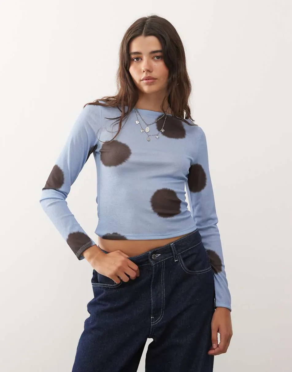 COLLUSION long sleeve slash neck top in light blue polka dot