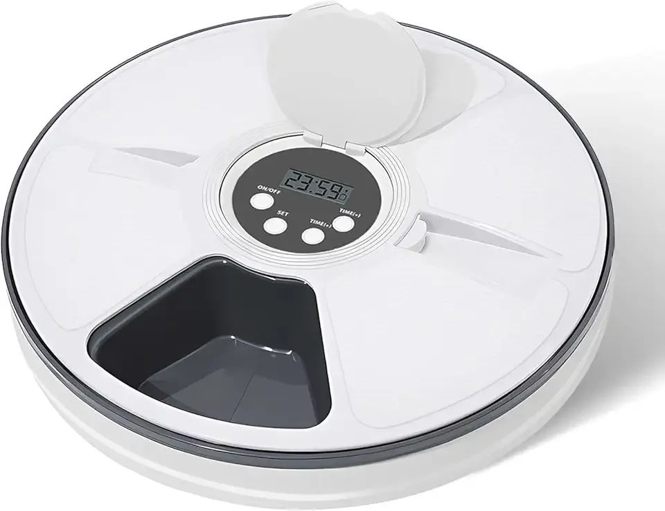 Automatic Cat Feeder for Dry Food,Supplement & Treats， 6 Compartment Timed Cat Food Dispenser for Cats and Small Dogs，No Ice Needed Automatic Dog Feeder(Black)