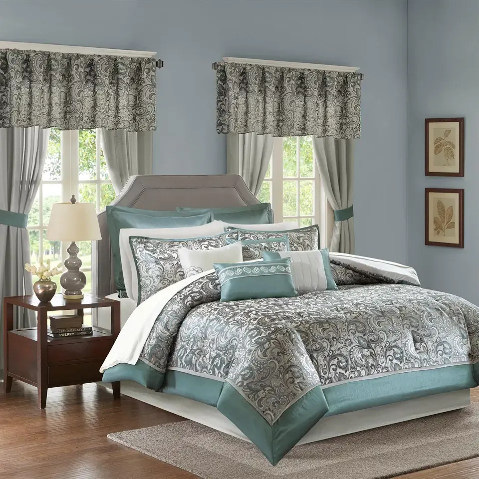 Madison Park 24 Piece Faux Silk Paisley Queen Comforter Set with Matching Curtains, Down Alternative Hypoallergenic - Teal, Queen (90 in x 90 in)
