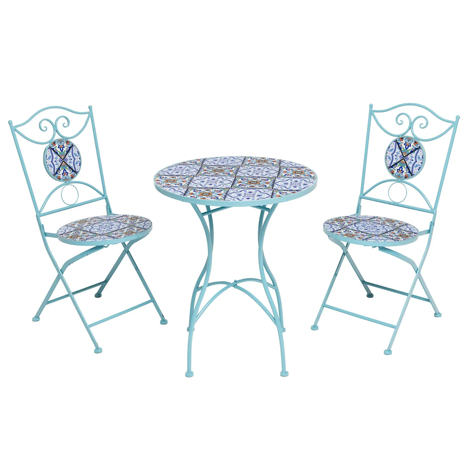 Set giardino Bistrot Tavolo rotondo 60 cm e 2 sedie richiudibili in metallo Celeste con Top in Ceramica Effetto Mosaico