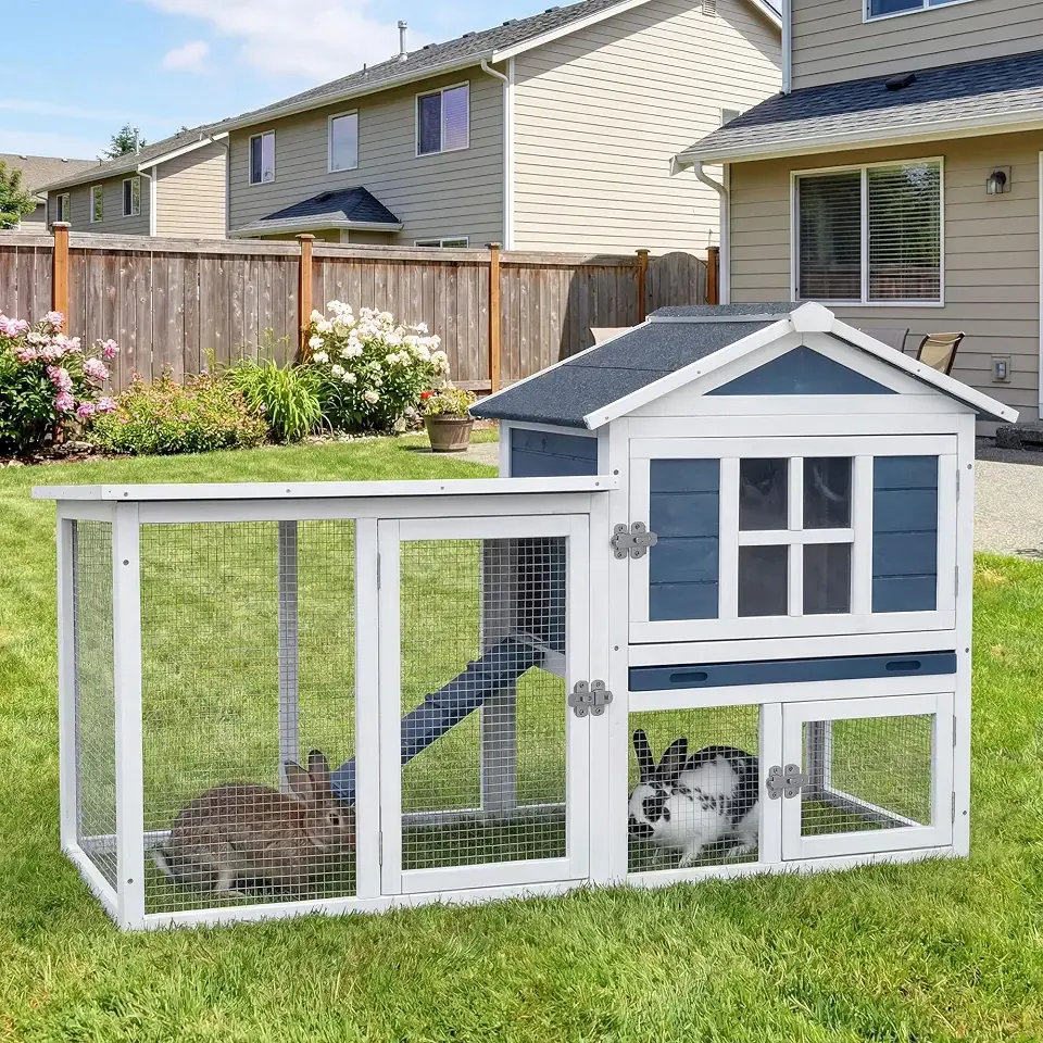 Large Outdoor Rabbit Hutch with Waterproof Asphalt Roof, 54.7” x 22.6” x 34” Wooden Bunny Cage for 2 Rabbits, Guinea Pigs & Chickens, Easy-Clean Pull-Out Tray & Anti-Rust Metal Door