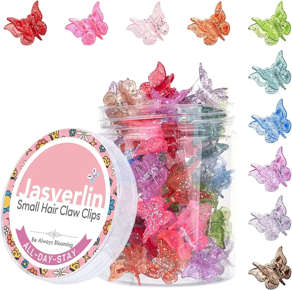 JASVERLIN Glitter Mini Butterfly Hair Claw Clips, Sparkly Colorful Hair Accessories for Girls and Women - 90s Y2K Cute, Small, Tiny Clip in 10 Assorted Colors, Set of 50 (Glitter)