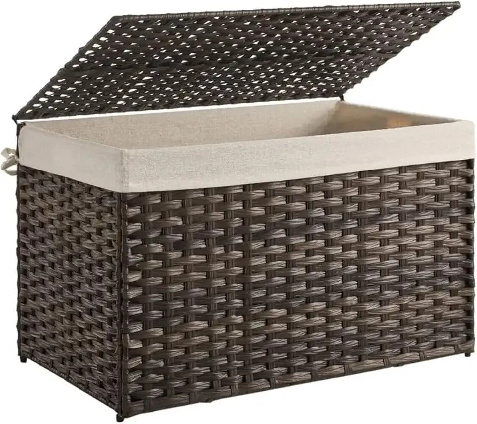 Storage Basket with Lid, Woven Blanket Storage Bin with Handles, Foldable, Removable Liner, Metal Frame, for Bedroom, Laundry Room, 42.3 Gallons (160 L), Brown URST76BR