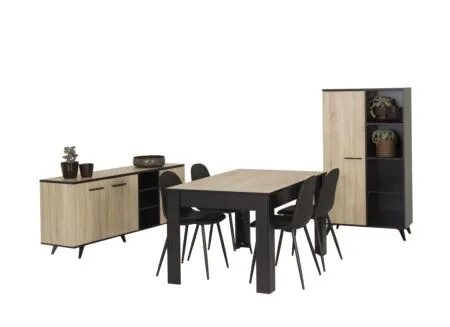 Eetkamer Wayne met 4 stoelen Chuck - tafel 140x90cm - dressoir 160,7cm - barkast 83cm