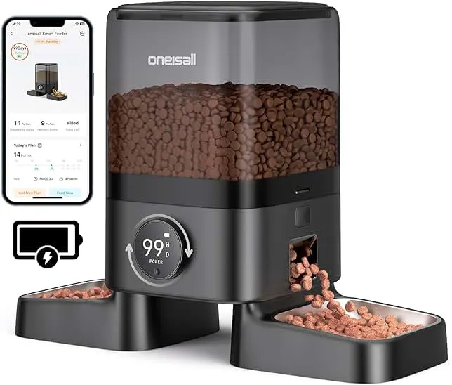 oneisall Cordless WiFi Automatic Cat Feeder for 2 Cats, Rechargeable 100-Day Battery Operated Auto Cat Feeder, 20 Cups/5L Timed Cats Food Dispenser Au…