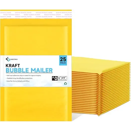 Kraft Paper Bubble Mailers #0, 6x10 Inch Self-Seal Padded Mailing Envelopes, Usable Size 6x9, Pack of 25