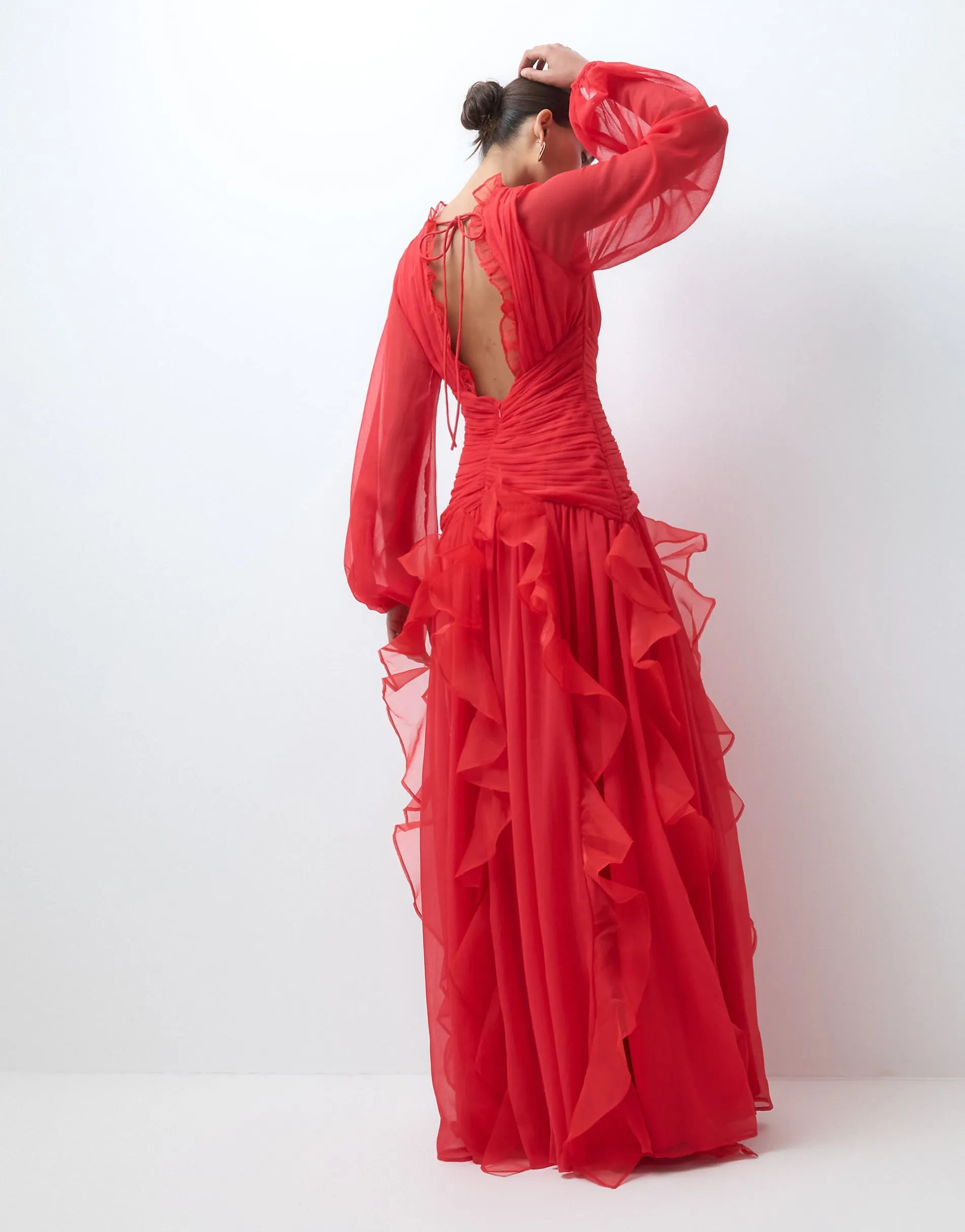 ASOS LUXE ruched long sleeve maxi dress with waterfall detail in red