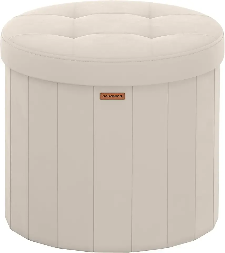 Mazie Collection - Round Storage Ottoman, Folding Footrest Stool with Removable Lid, Easy Assembly, Velvet Vanity Stool for Bedroom, Living Room, Entryway, Cappuccino Beige ULSF608L01