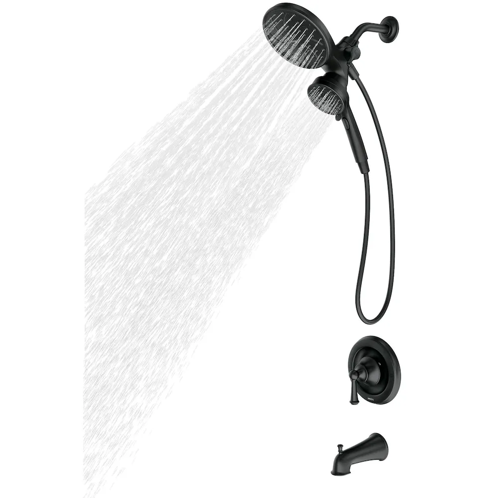 MOEN Brecklyn Single Handle 6-Spray Bathtub Shower Faucet with Magnetix Rain Shower Head Combo in Matte Black