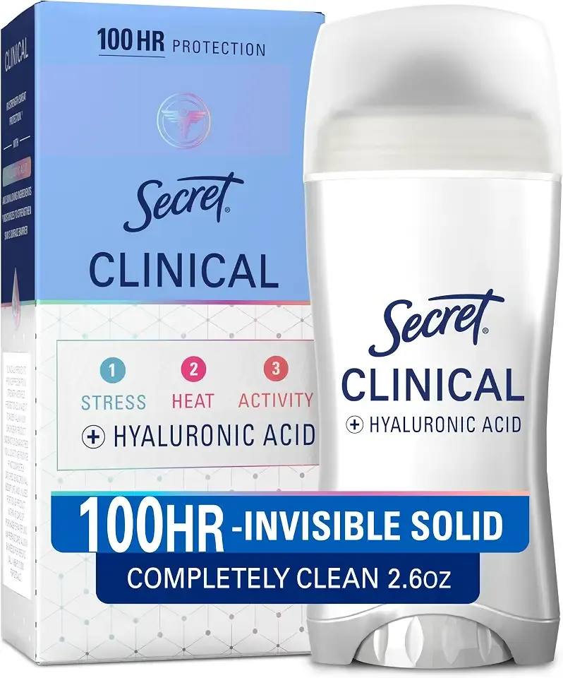 Secret Clinical Strength 100HR Antiperspirant Deodorant for Women, 3X Sweat & Odor Protection vs. Ordinary Antiperspirant, Hyaluronic Acid, Completely Clean, Invisible Solid 2.6 oz