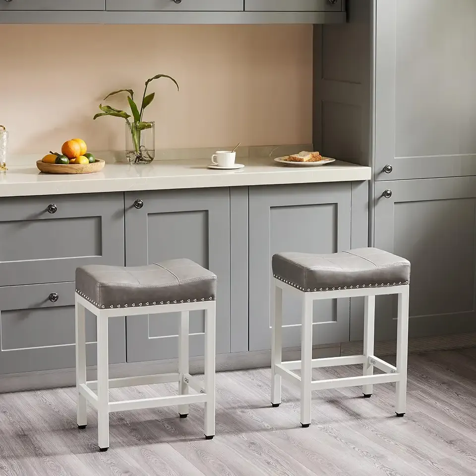 OLIXIS 24 Inch Bar Stools Set of 2, PU Leather Counter Height Stools | Upholstered Modern Saddle Barstools with Metal Base and Footrest for Home Bar, Small Apartment, Grey
