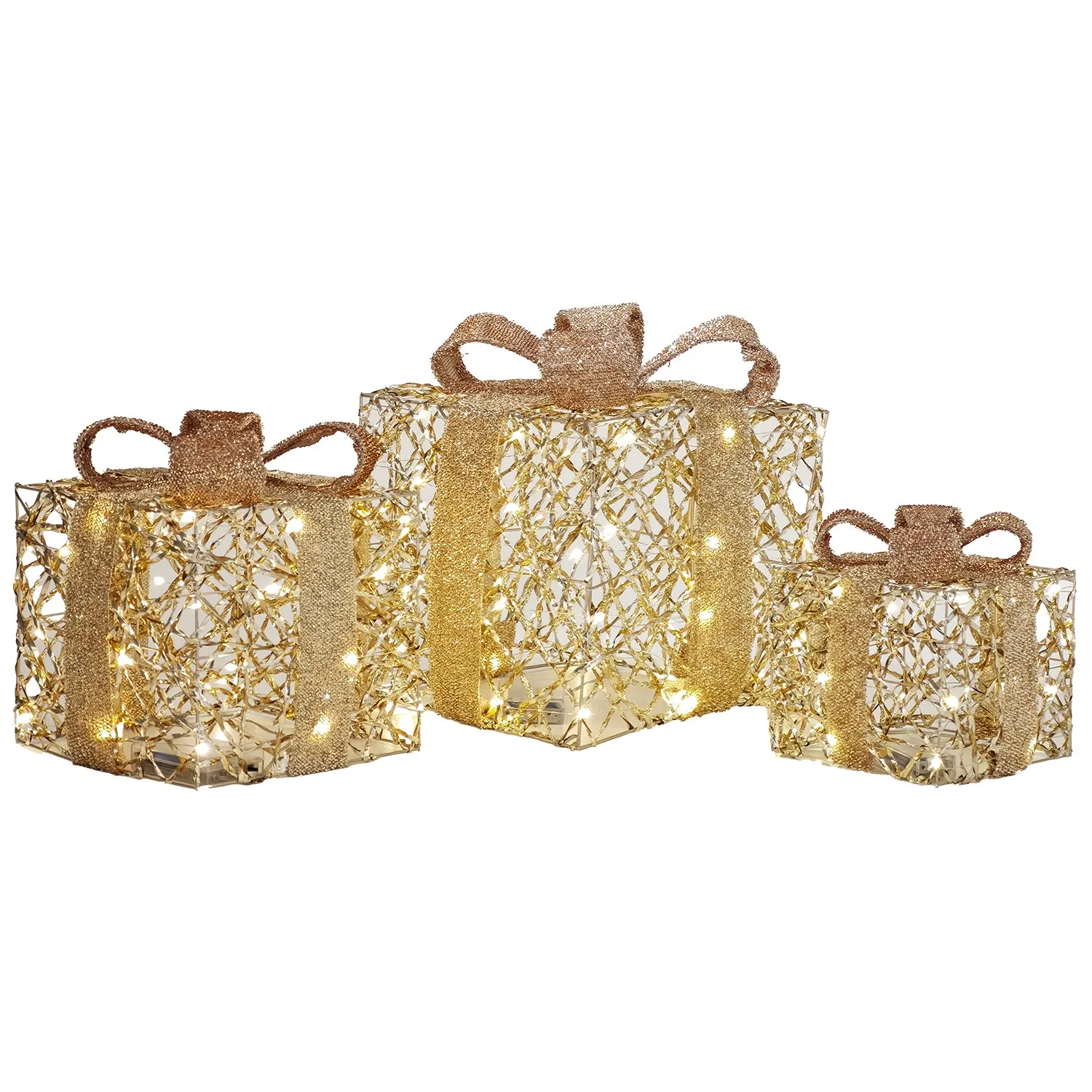 Set Pacchi Regalo Luminosi Oro 90 LED Bianco Caldo