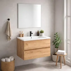 Conjunto de mueble de baño con espejo y lavabo Luna de 80 cm color roble