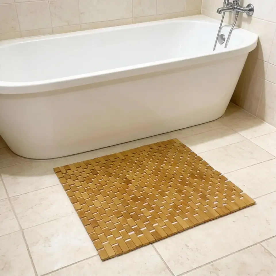 HJJKKH Bath Mat 23.6X23.6 inches, Square Wood Bathroom Rug, Non Slip Foldable Floor Shower Mat for Bathroom, Bathtub, Shower, Sauna, Hot Tub