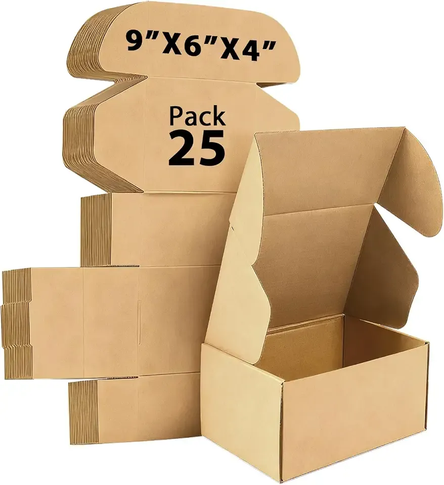 Shipping Boxes 25 Pack, Corrugated Cardboard Mailer Boxes for Small Business, Easy Fold Literature Mailers, Heavy Duty 3 Layer Packaging Boxes for Shipping, Mailing, Gift Packaging (Brown, 6x4x3)