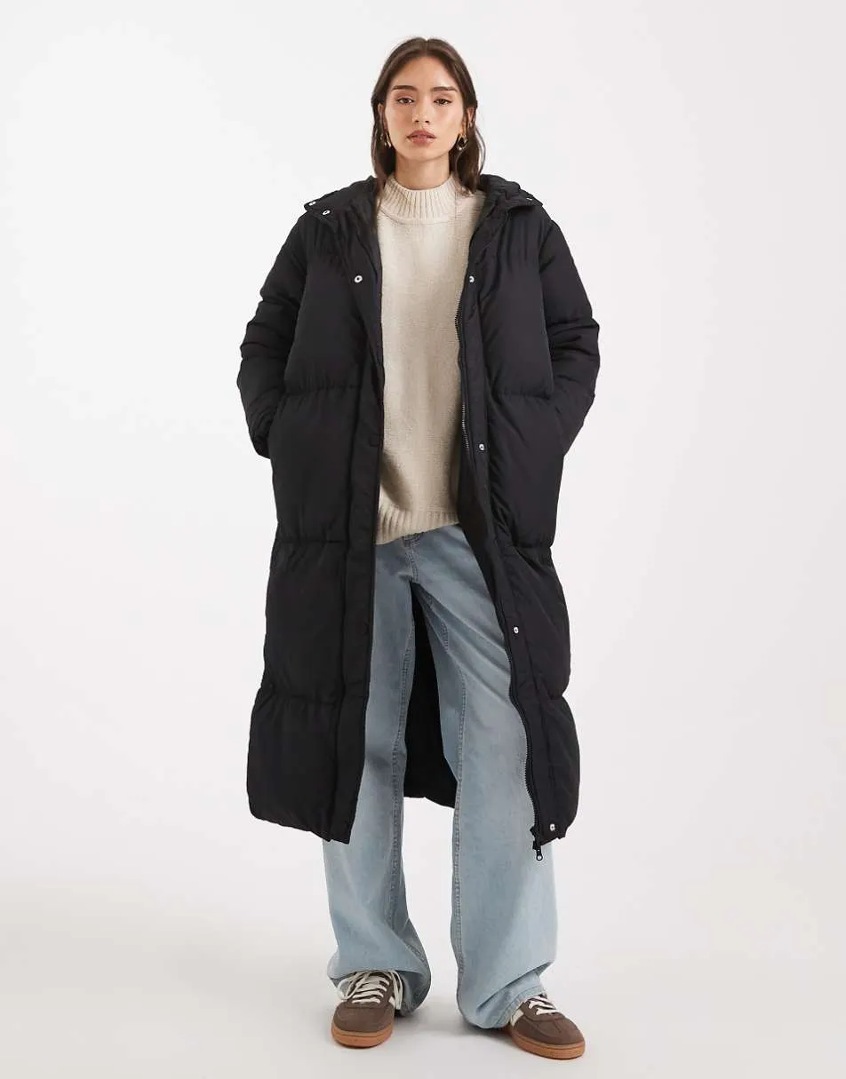 Threadbare maxi puffer coat with hood in black