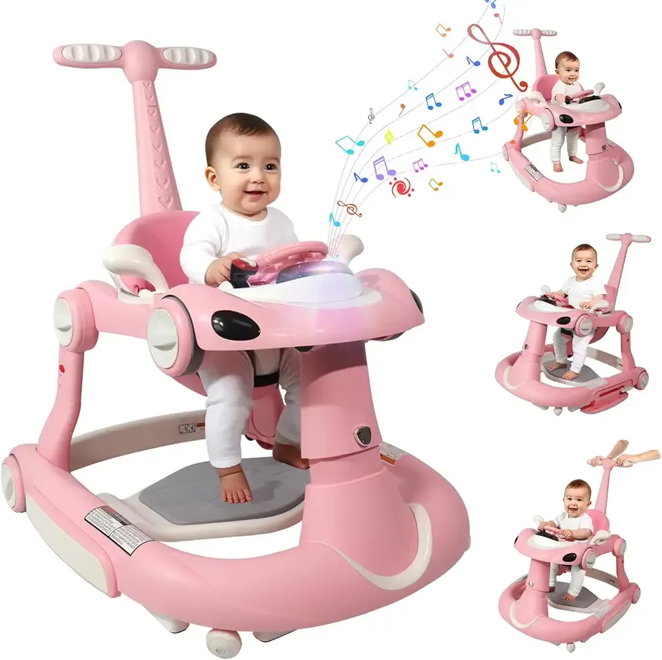 Baby Walker, 4-in-1 Baby Walker with Wheels Portable, Foldable Infant Toddler Walker for Boys Girls 6-18 Month,Removable Footrest,Car Steering Wheel & Music, Adjustable Push Walker Pink