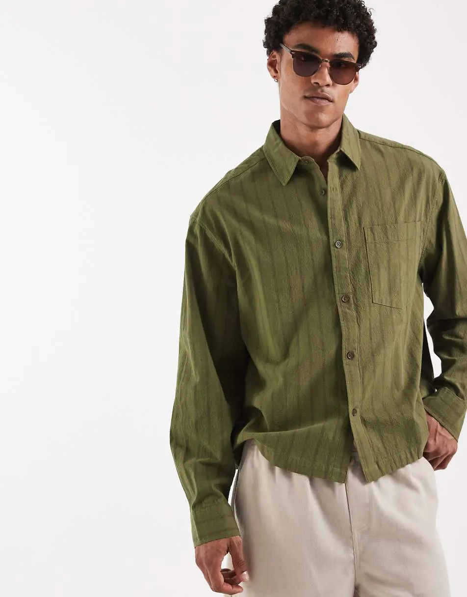 ASOS DESIGN boxy oversized linen look stripe shirt with chest pocket in khaki
