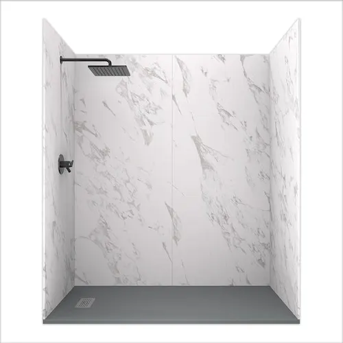 72L x 36W x 84H inch Solid Composite Stone Shower Kit- Carrara Walls & L/R Graphite Sand Shower Pan
