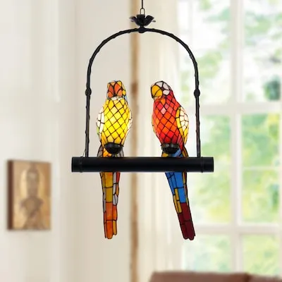 2 Light Tiffany Vintage Chandelier Parrot Stained Glass Pendant Lighting