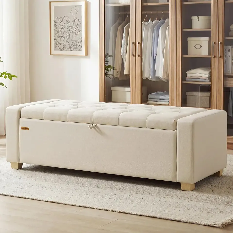 Storage Ottoman, 48 Inches Long Bed End Stool, Solid Wood Legs