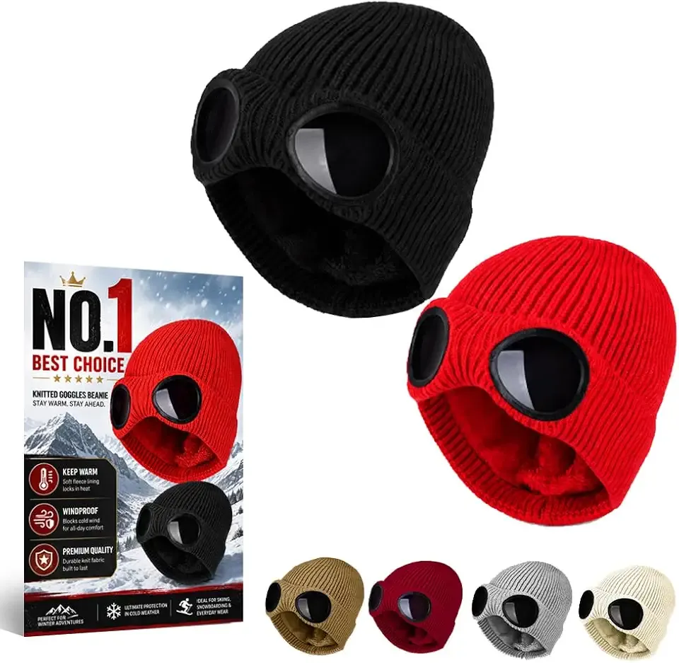 2PCS Knitted Goggles Beanie - Fleece Lined Winter Hat for Men Women Windproof Warm Skull Cap Fleece-Lined Beanie Soft Warmth