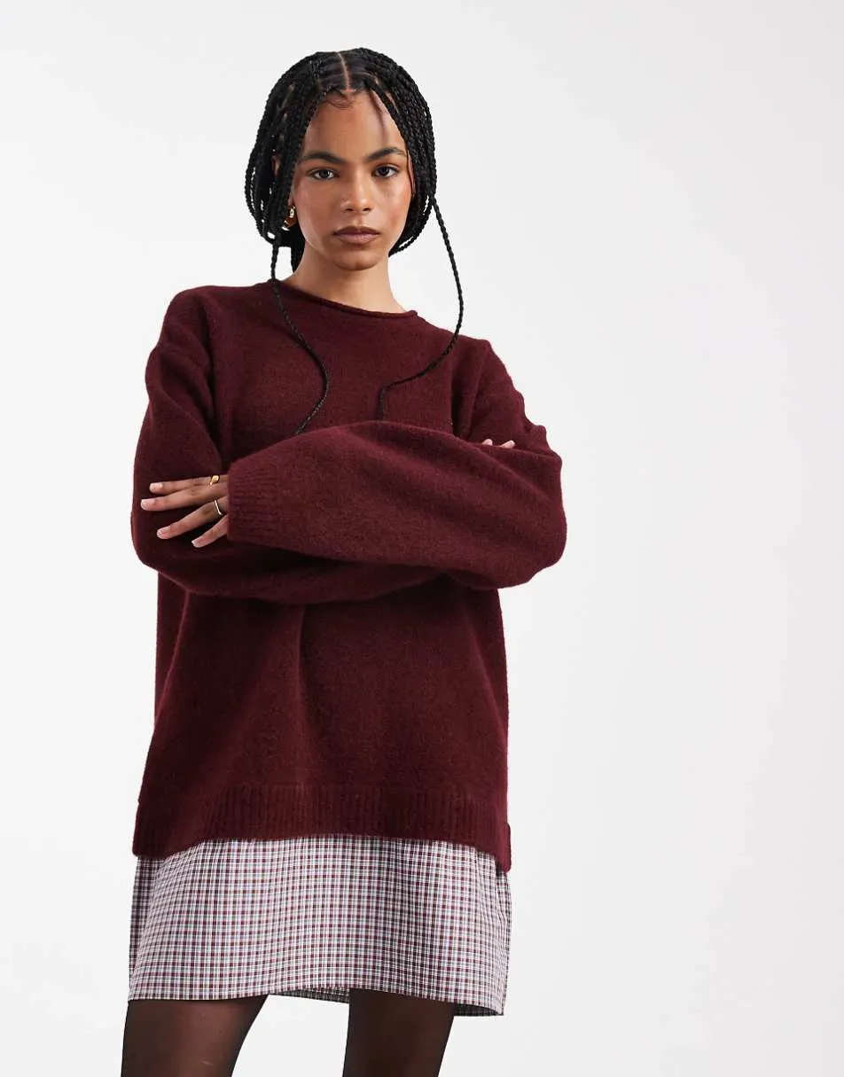 ASOS DESIGN knitted jumper dress with woven check hem in plum