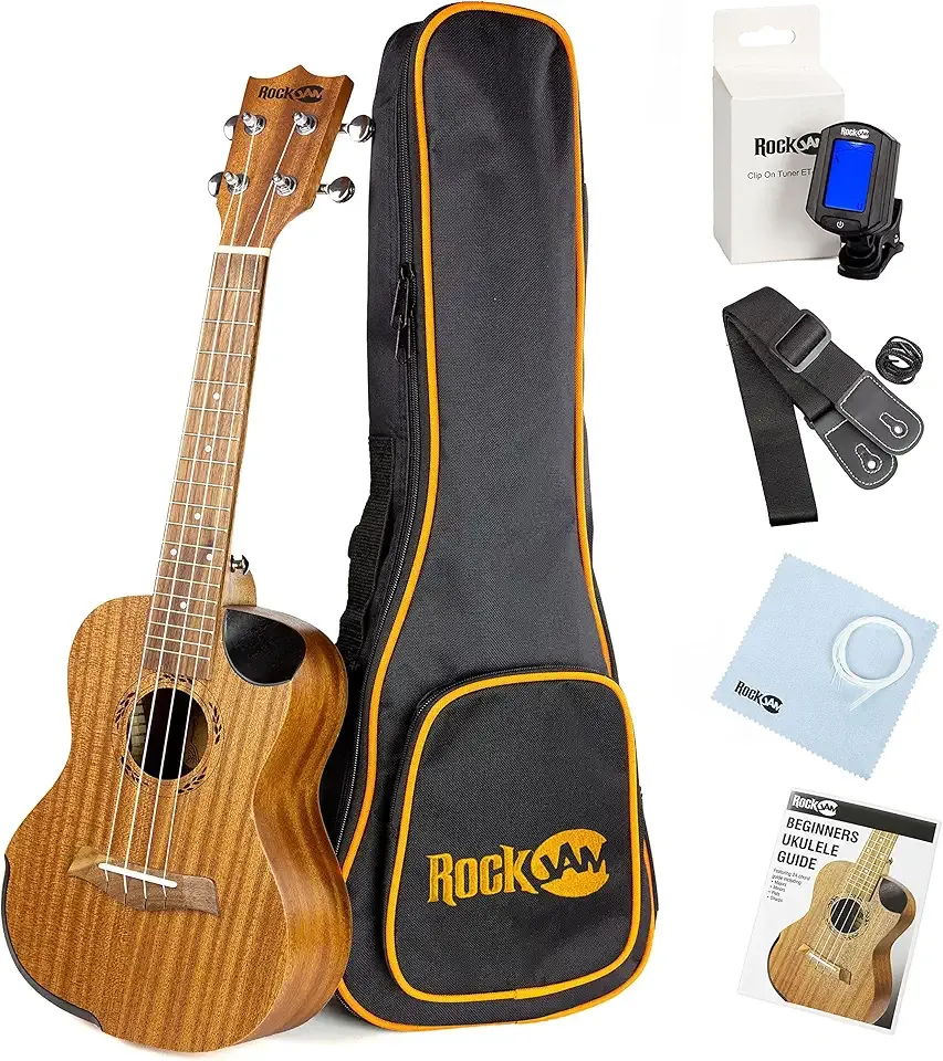 RockJam Premium Soprano Ukulele Kit with Tuner, Gig Bag, Strap, Picks & Spare Strings.