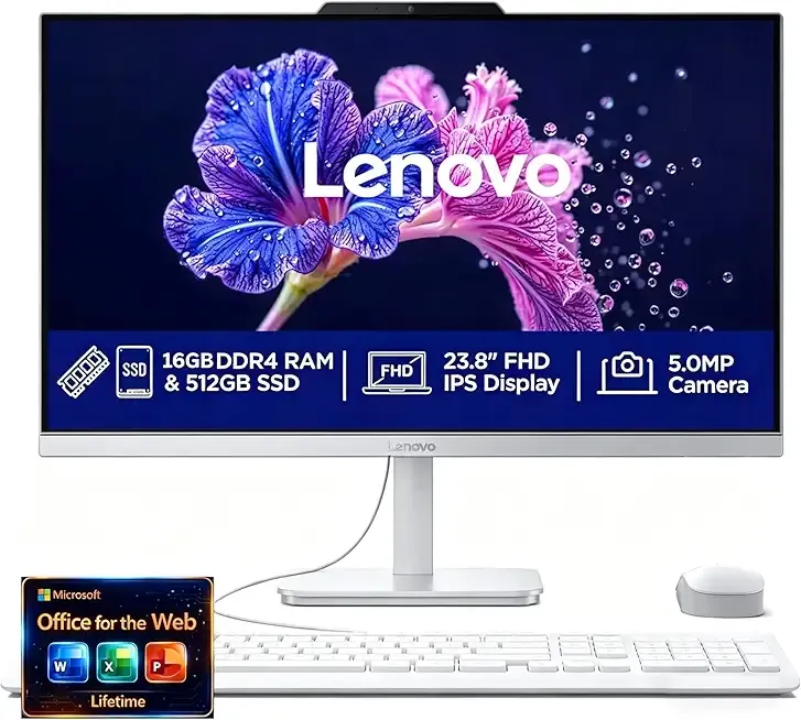 Lenovo 24" FHD All-in-One Desktop Computer - 16GB RAM - 512GB SSD - Intel 13th 8 Cores i3 CPU (Beat 11th i5) - Keyboard and Mouse - Windows 11 - Office 365 for The Web