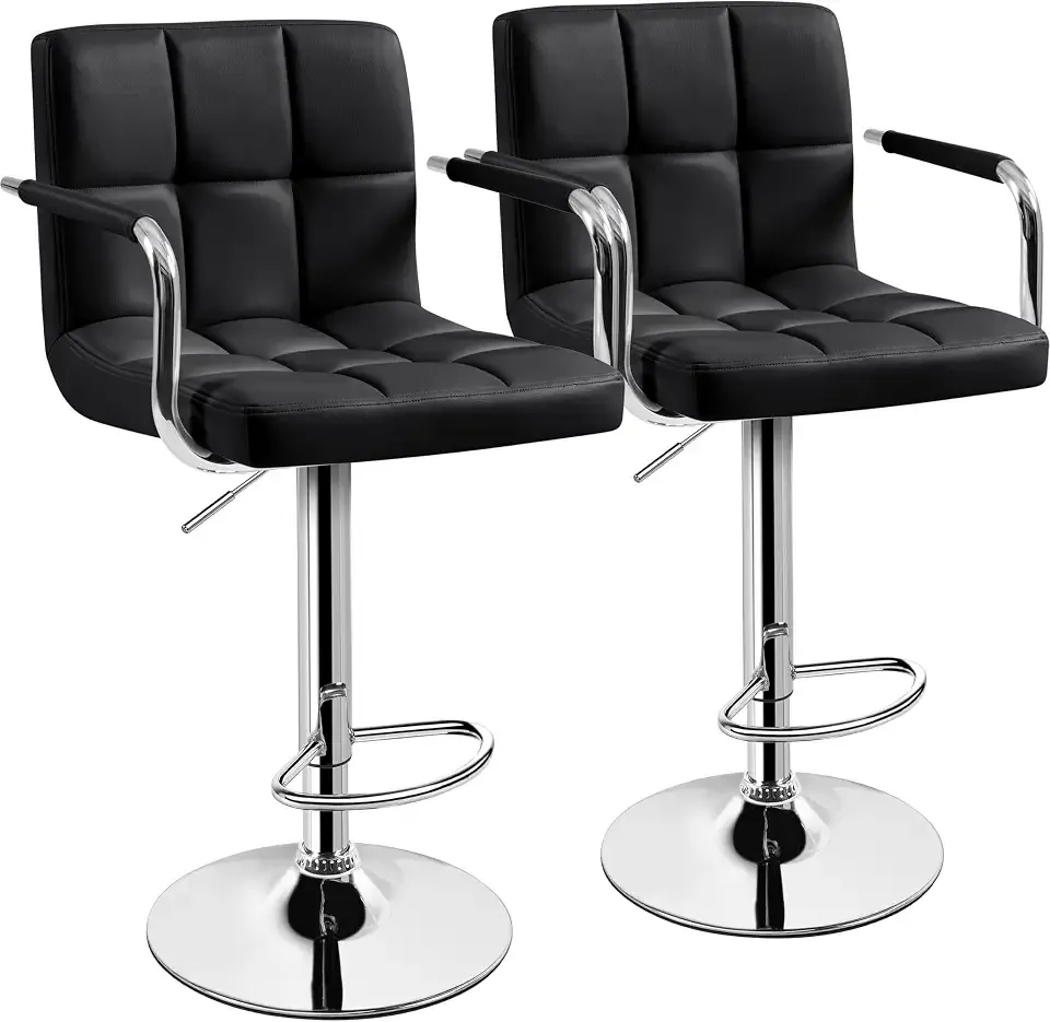Yaheetech Bar Stools Set of 2, PU Leather Height Adjustable Swivel Barstools, Hydraulic Kitchen Counter Height Bar Chairs with Armrest and Back for Kitchen, Dining Room, Black