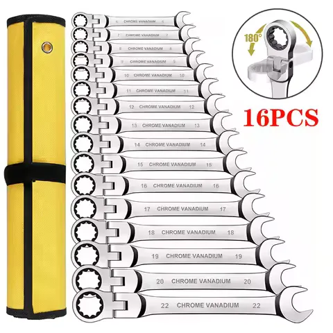 Ratcheting Wrench Set,Combination Spanner kit, Chrome Vanadium Steel Hand Tools Socket Key Ratchet Wrench set with Canvas Bag
