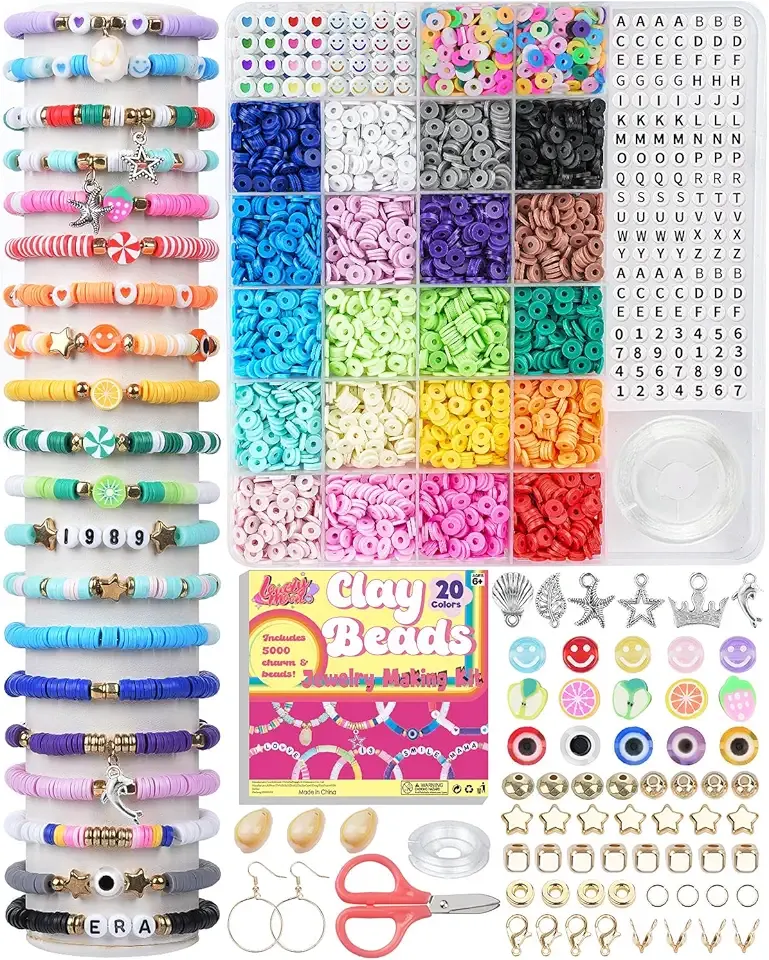 LovelyMoon Bracelet Making Kit 5000 Pcs Clay Beads Flat Preppy Beads for Friendship Jewelry Making Polymer Heishi Beads with Charms Gifts for Teen Girls Crafts for Girls Ages 6 7 8 9 10 11 12