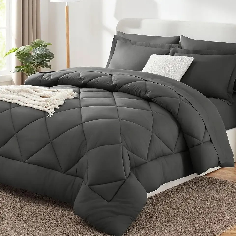 Queen Comforter Set with Sheets Dark Grey - 7 Pieces Bed in a Bag | OEKO-TEX Certified, All Season, 240GSM Down-Alternative Comforter, Sheets, Pillowcases & Shams, 14" Deep Pocket, Easy Care