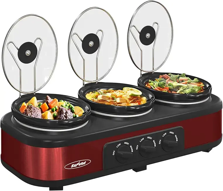 Sunvivi Triple Slow Cooker Buffet Servers and Warmer,3 Pot Food Small Mini Manual Slow Cooker with Adjustable Temp Stainless Steel Lid Rests,Removable Ceramic Pot, 3 * 1.5 Quarts Red