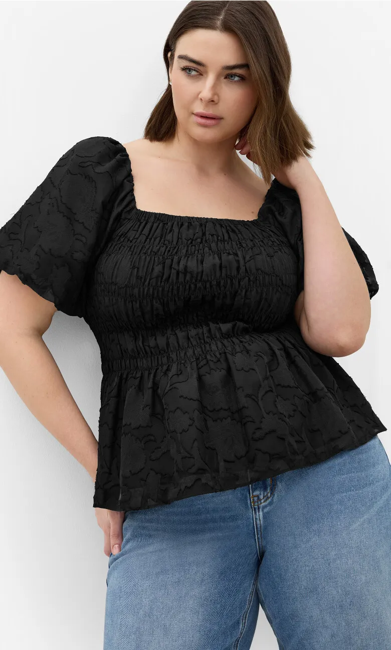 Daniella Jacquard Puff Sleeve Top - black