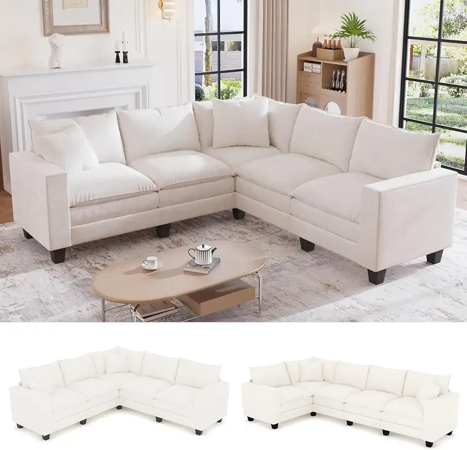 97" 5-Seat Modular Sectional Sofa, Convertible L-Shaped Comfy Cloud Couch with Armrest Storage and Two Pillows, for Living Room, Bedroom, Apartment, Beige