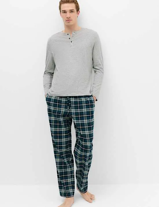 Kariertes Henley-Schlafanzugset aus reiner Baumwolle