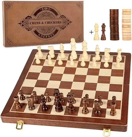 AMEROUS 15 Inches Magnetic Wooden Chess & Checkers Set (2 in 1) - Folding Board -Gift Box Packed -24 Cherkers Pieces -2 Extra Queens, Beginner Chess Set for Kids and Adults