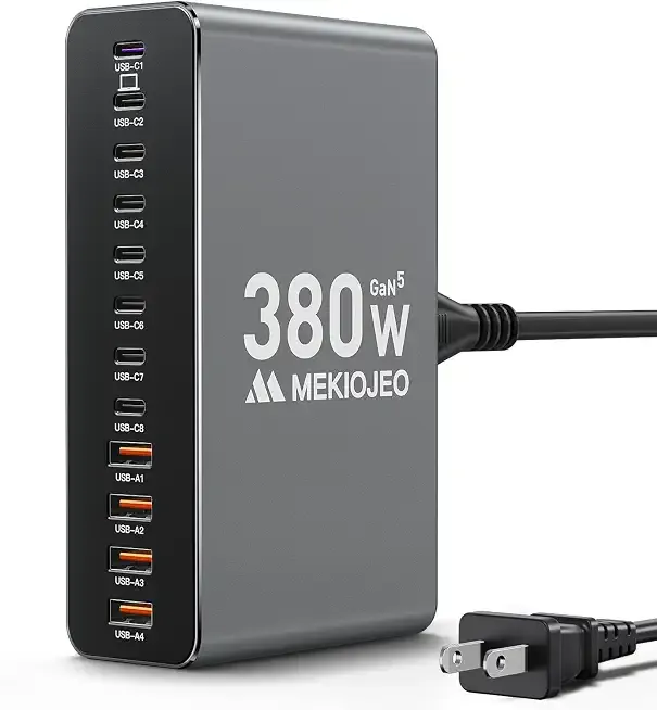 12 Ports Aluminum Alloy MEKIOJEO 380W Charging Station USB C Charger Block | 65W Laptop Fast GaN Charger for MacBook Pro/Air/iPad Pro/iPhone