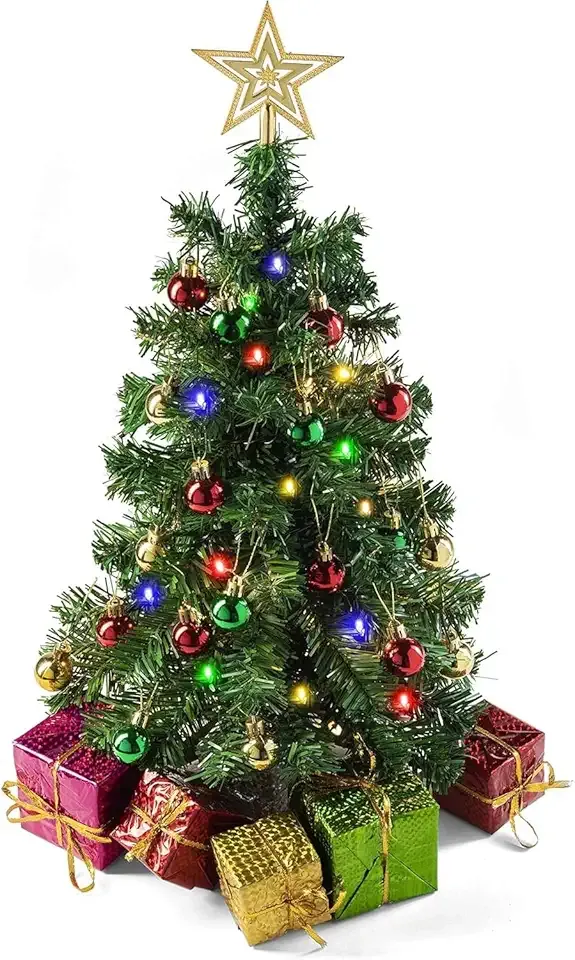 PREXTEX 23-Inch DIY Mini Christmas Tree with Lights - Small Christmas Decorations Table Top Xmas Tree with Multicolor LED String Lights, Star Topper, Hanging Ornaments and Gift Boxes for Holiday Decor