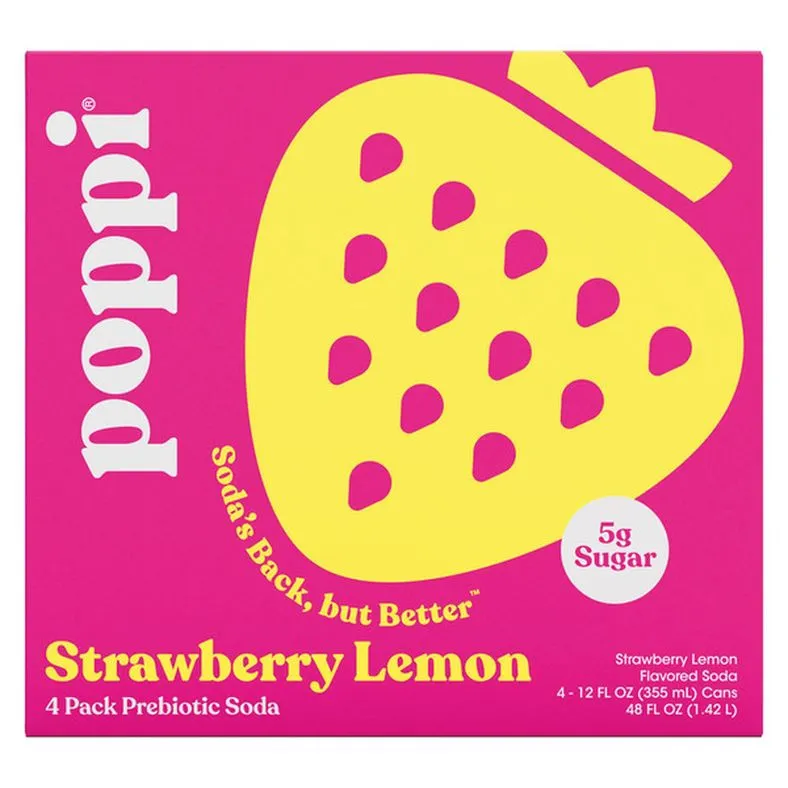 Poppi Strawberry Lemon Prebiotic Soda, 4 Pack