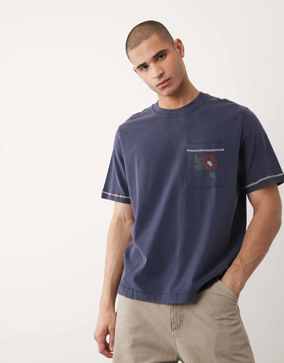 Abercrombie & Fitch premium heavyweight t-shirt with embroidered detail in washed navy