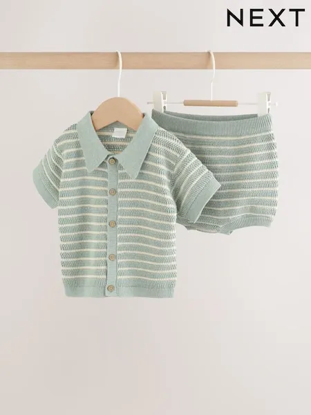 Sage Green Stripe Knitted Top and Shorts Baby Set (0mths-2yrs)