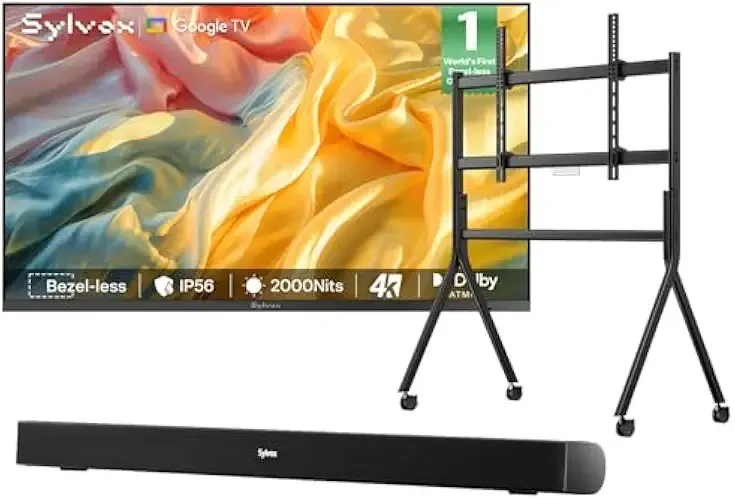 SYLVOX Outdoor TV with Rolling Stand & Soundbar, 75" Full Sun TV 2000 Nits, Ultra-Narrow Bezel, 4K Smart Television, IP56 Waterproof, Dual Speakers, for Poolside, Yard, Business (Frameless Pro Series)