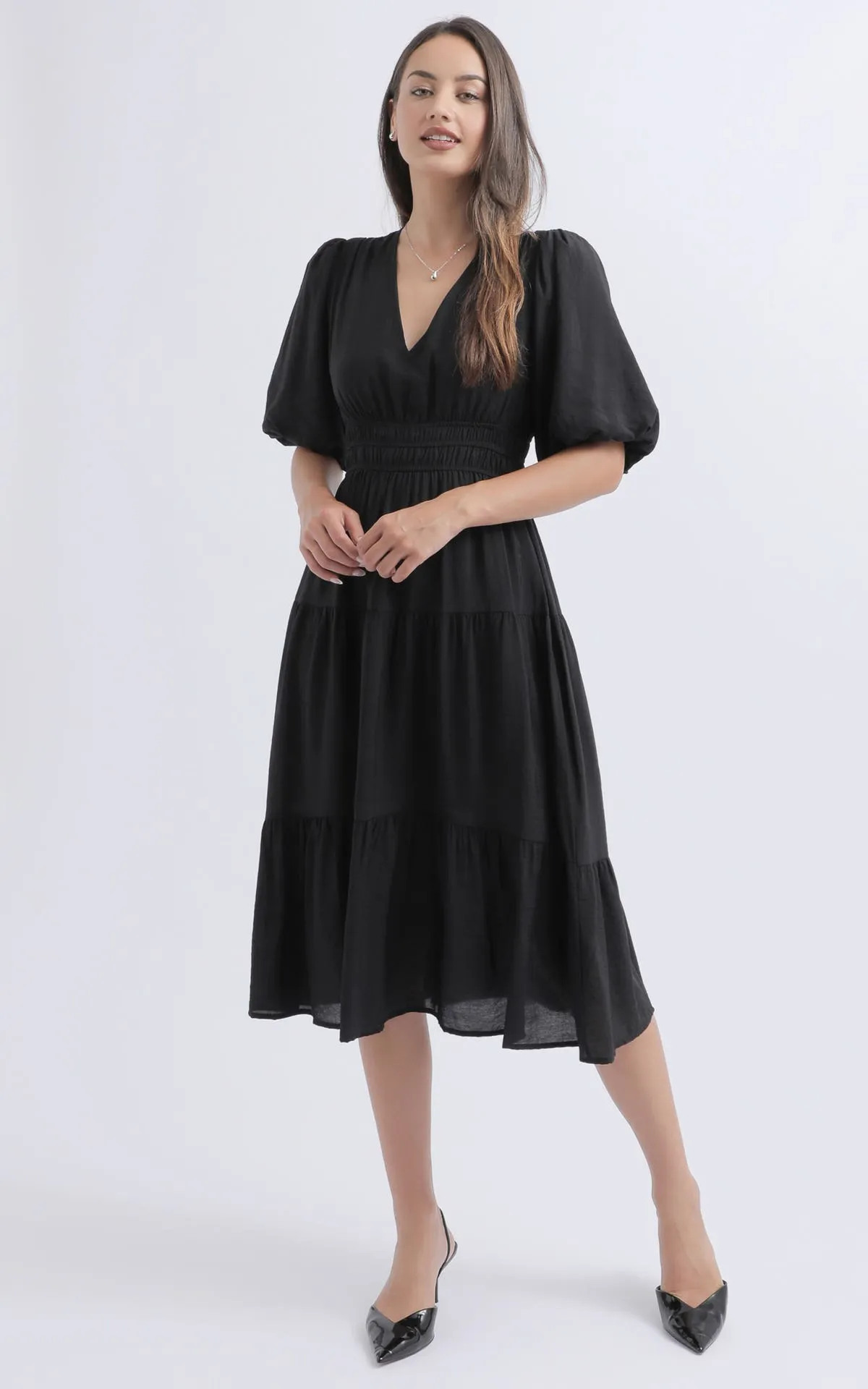 Plain Voile Puff Sleeve Dress