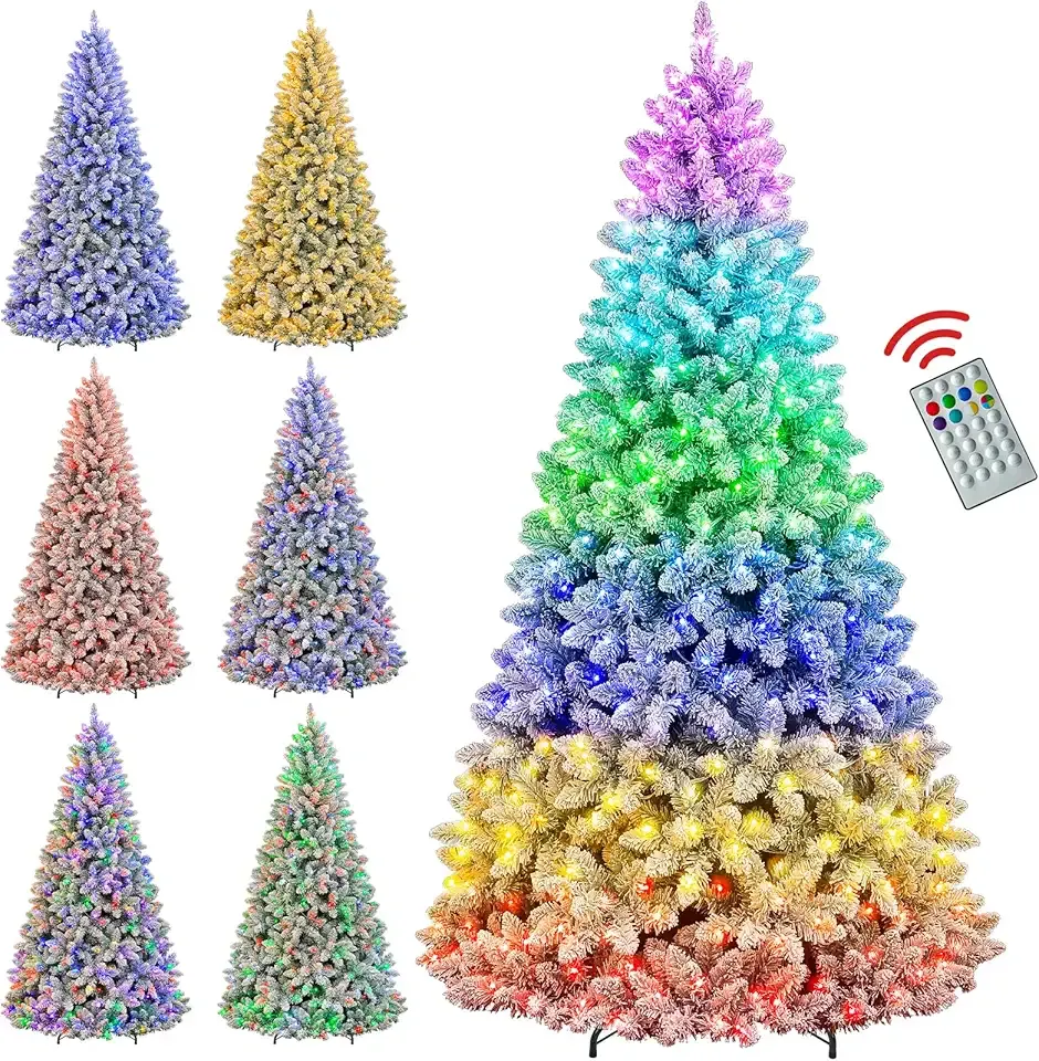 Hykolity 6 ft Prelit Snow Flocked Christmas Tree with Remote Control, 1032 PVC Branch Tips, Artificial Hinged Christmas Tree with 250 Multi-Color RGB Lights for Home, 15 Modes