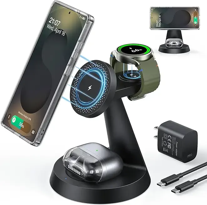 Magnetic Wireless Charger for Samsung, 3 in 1 Charging Station Compatible with MagSafe Samsung Charger for Galaxy S26 Ultra S25 Z Fold7/Flip7, Watch Charger Stand for Galaxy Watch Ultra 8 7, for Buds